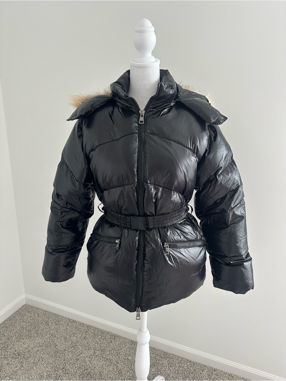 Moncler Black Glossy Belted Puffer Jacket with Fur-Trim Hood